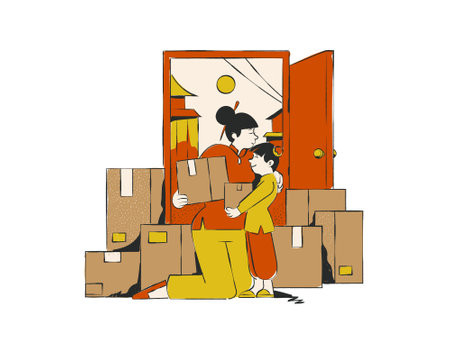 Man and woman in the house with boxes. Flat design vector illustration.のイラスト素材