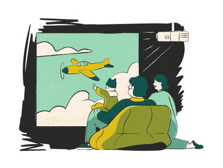 Vector illustration of a man and woman sitting in front of the window and watching the planeのイラスト素材