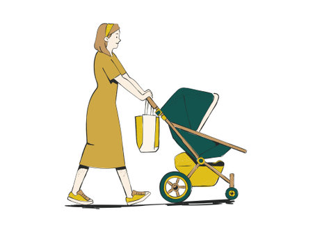 Mother walking with baby stroller. Vector illustration in flat style.のイラスト素材