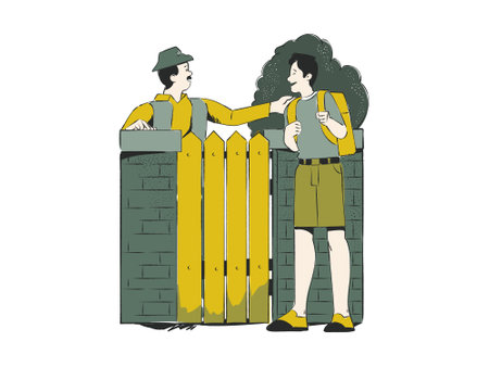Vector illustration of a man and woman standing next to a fence.のイラスト素材