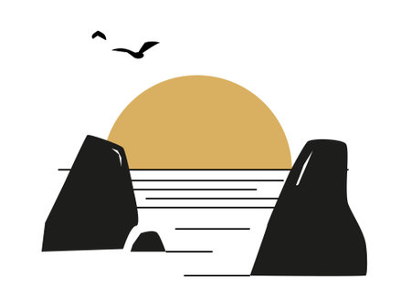 Vector illustration of a sunset over the sea. Black silhouette on a white background.のイラスト素材