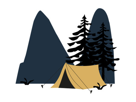 Camping tent and pine trees. Vector illustration in flat style.のイラスト素材