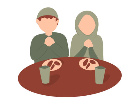 Muslim couple sitting at a table with Food. Vector illustration in flat styleのイラスト素材