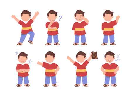 Set of little boy with different emotions and gestures. Vector illustration in cartoon style.のイラスト素材