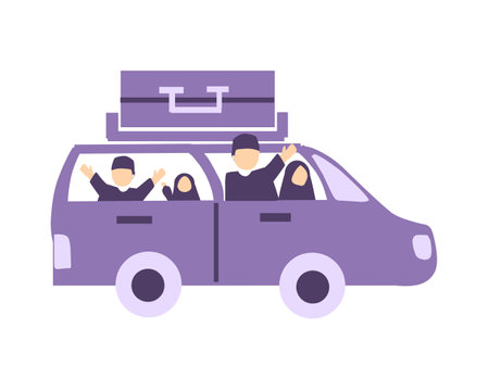 Vector illustration of a man driving a car with luggage on top. Family Travelingのイラスト素材