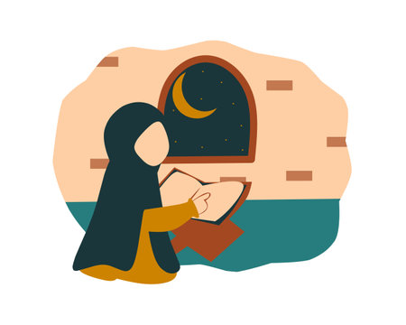 muslim woman with holy book and crescent moon vector illustration designのイラスト素材