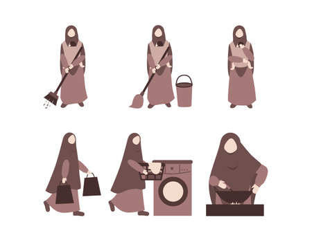 Nizwa vector illustration set. Muslim woman in niqab with a broom and bagのイラスト素材