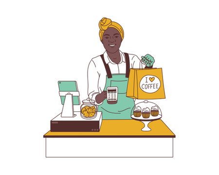 supermarket woman worker with cash register machine and products vector illustration designのイラスト素材