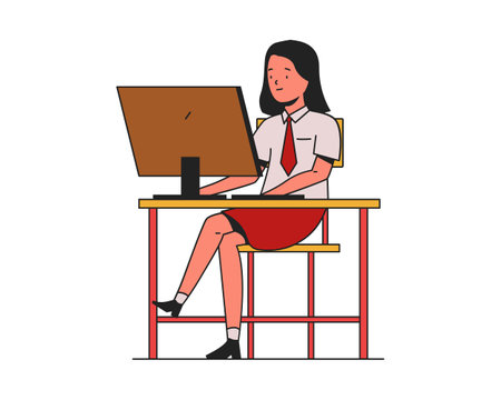 School Girl working on computer in office, flat vector illustration isolated.のイラスト素材