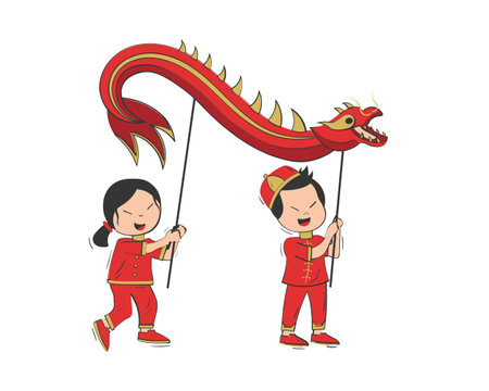 Chinese boy and girl with dragon cartoon design, China culture asia and asia theme Vector illustrationのイラスト素材
