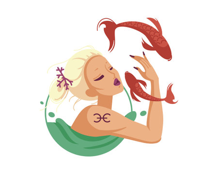 Young woman with fish in her hands. Vector illustration in cartoon style.のイラスト素材