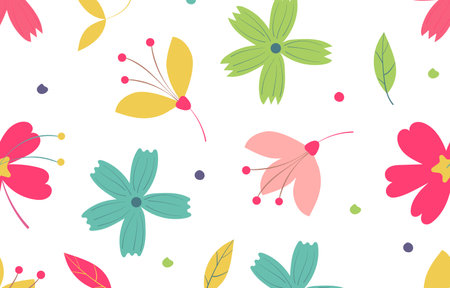 Seamless pattern with flowers and butterflies. Vector illustration in flat style.の写真素材