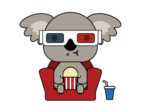 cute koala with 3d glasses and popcorn vector illustration designのイラスト素材