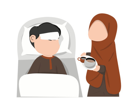 Muslim man drinking coffee in bed. Vector illustration in flat style.のイラスト素材