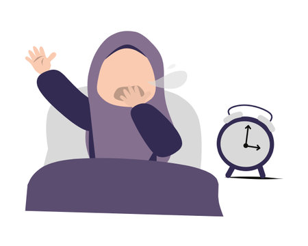 Illustration of a Muslim woman sleeping with alarm clock in the backgroundのイラスト素材