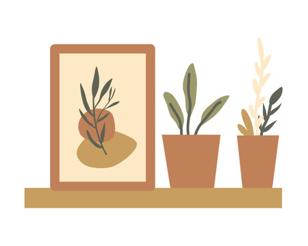 Vector illustration of a set of home plants in pots on a shelf.のイラスト素材