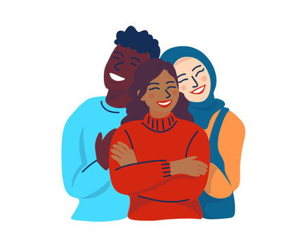 Happy multiracial friends hugging each other. Multiethnic women and men embracing each other. Vector illustrationのイラスト素材