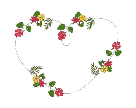 Illustration of a heart-shaped frame with flowers and leaves.のイラスト素材
