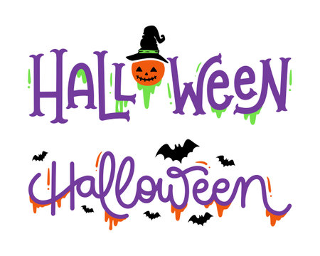 Halloween lettering with pumpkin and bats. Vector illustration on white background.のイラスト素材