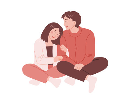 Happy Couple Sitting on Floor and Hugging Each Other Vector Illustrationのイラスト素材