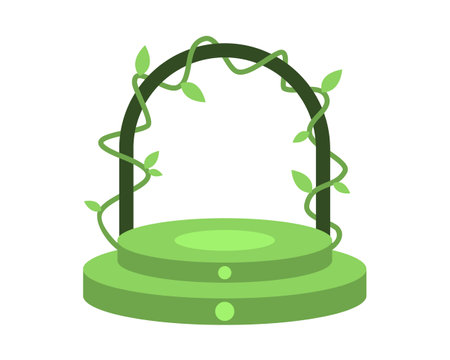Round podium with green leaves isolated on white background. Vector illustration.のイラスト素材