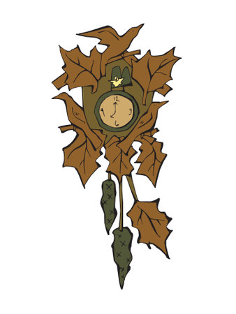 Illustration of an old clock on a branch with autumn leaves.のイラスト素材
