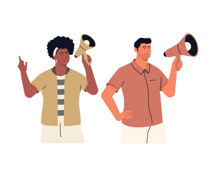 Man and woman with megaphone. Vector illustration in flat styleのイラスト素材