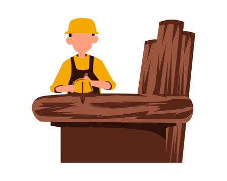 Carpenter at work. carpentry, woodwork, woodworking concept. Vector illustration in flat styleのイラスト素材