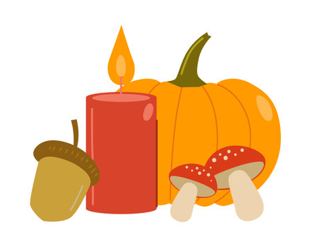 Pumpkin, acorn, mushroom, candle. Vector illustration.のイラスト素材