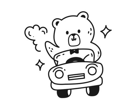 Cute teddy bear driving a car. Vector illustration in doodle style.のイラスト素材
