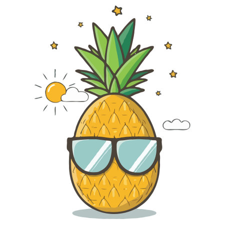 Pineapple character with sunglasses and sun in the sky vector illustrationのイラスト素材