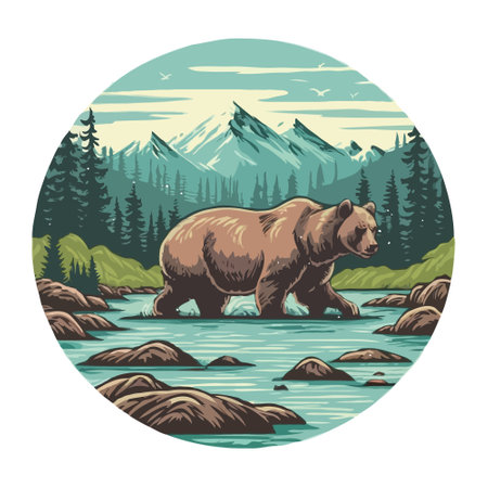 Brown bear on the background of mountains and river. Vector illustration.のイラスト素材