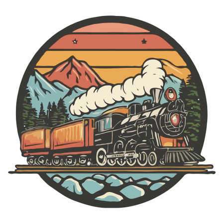 Vintage steam locomotive with mountains in the background. Vector illustration.のイラスト素材