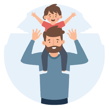 Father with his son on his shoulders. Vector illustration in cartoon style.のイラスト素材
