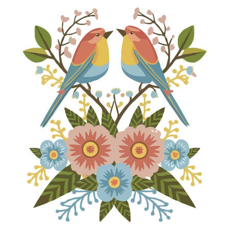 Floral wreath with birds and flowers. Vector illustration in retro style.のイラスト素材
