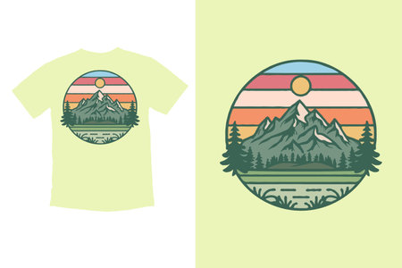T-shirt design with mountain and sun. Vector illustration in retro styleのイラスト素材
