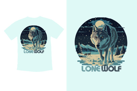 T-shirt print design with wolf in the forest. Vector illustration