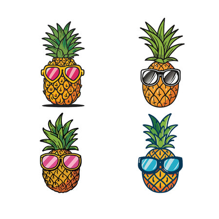 Pineapple with sunglasses icon set. Vector illustration isolated on white backgroundのイラスト素材