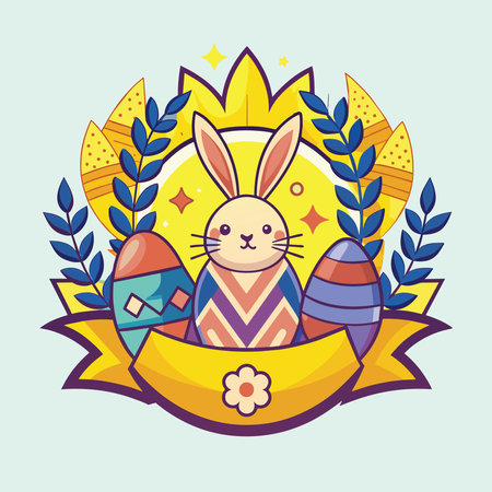 cute rabbit with eggs happy easter card vector illustration graphic designのイラスト素材