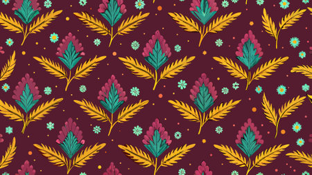 Seamless pattern with leaves and flowers on a burgundy backgroundのイラスト素材