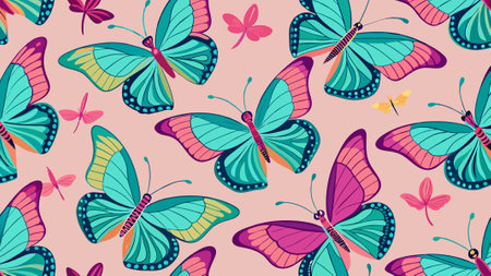 Seamless pattern with colorful butterflies on pink background. Vector illustration.のイラスト素材