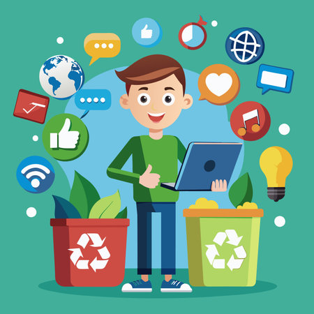 Man with laptop and recycling symbols. Vector illustration in flat style.のイラスト素材