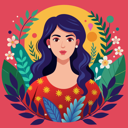 Beautiful woman with flowers and leaves cartoon icon vector illustration graphic designのイラスト素材