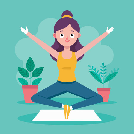 woman practicing yoga in the lotus position with plants vector illustration designのイラスト素材
