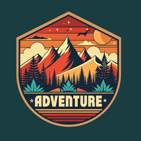 Vintage outdoor adventure retro style with mountains and forest on the background, vector illustration.t shirt designのイラスト素材