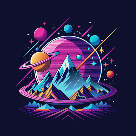 Vector illustration of cartoon style mountain landscape with sun, planets and stars.のイラスト素材
