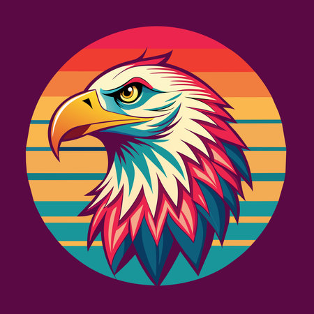 eagle head vector illustration on a colorful background with stripes and sunのイラスト素材