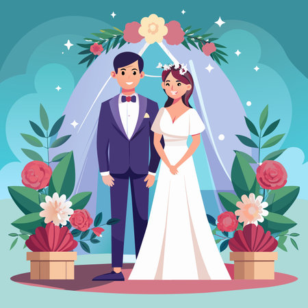 Wedding couple. Bride and groom. Vector illustration in flat styleのイラスト素材