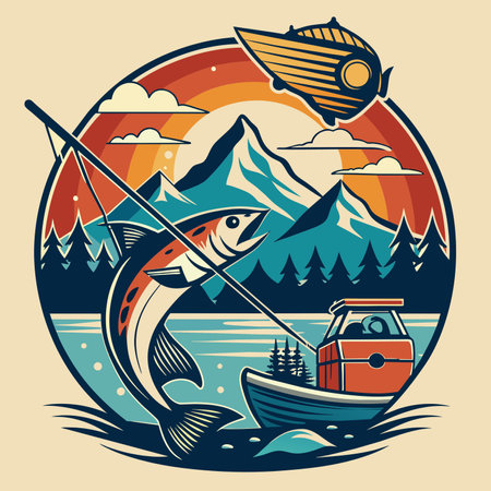 Vintage fishing emblem with a fishing boat, mountains and fish in the water, vector illustrationのイラスト素材