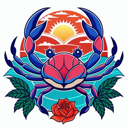 Crab on the background of the setting sun. Vector illustration.のイラスト素材